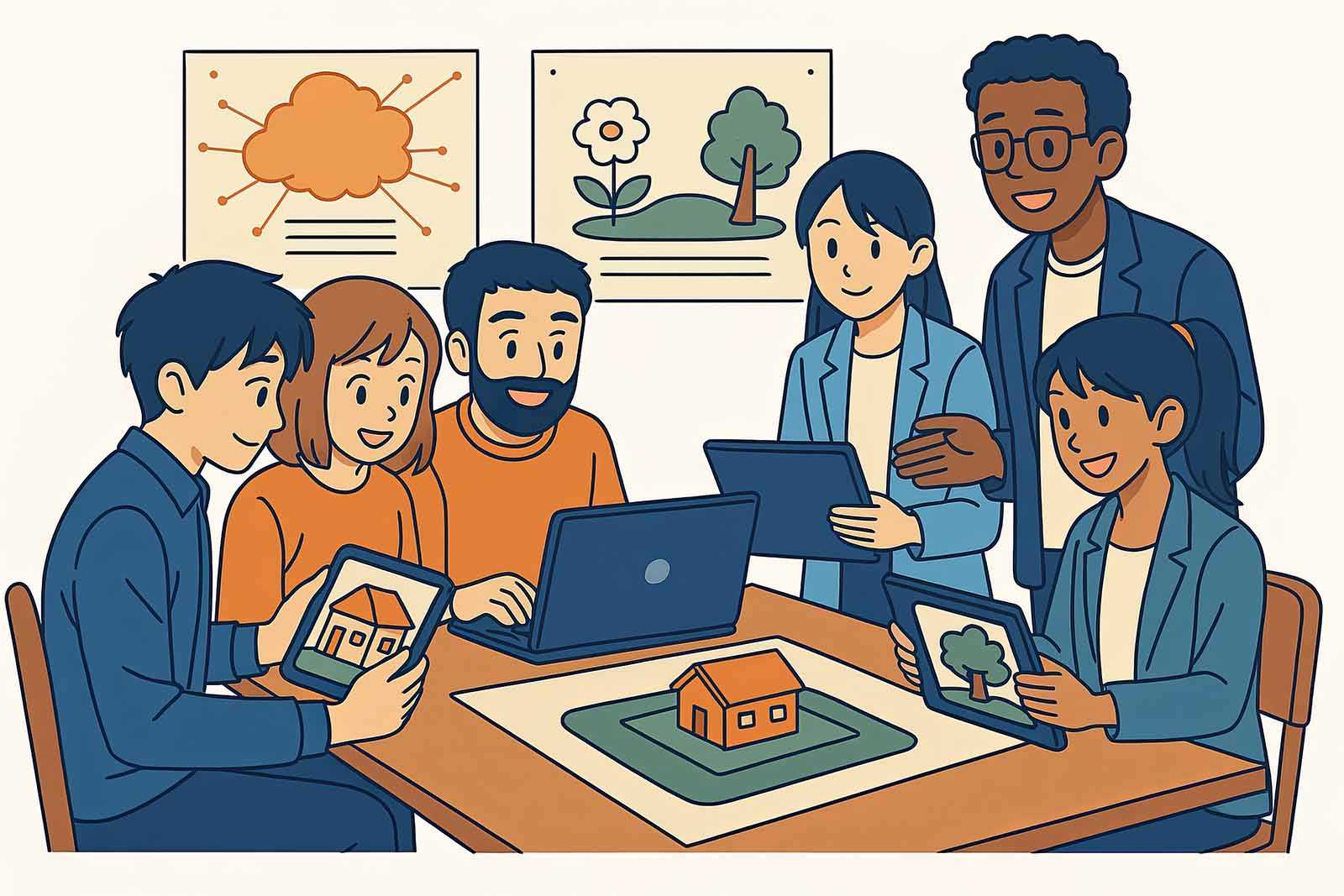 A cartoon of a group of people viewing guassian splat captures