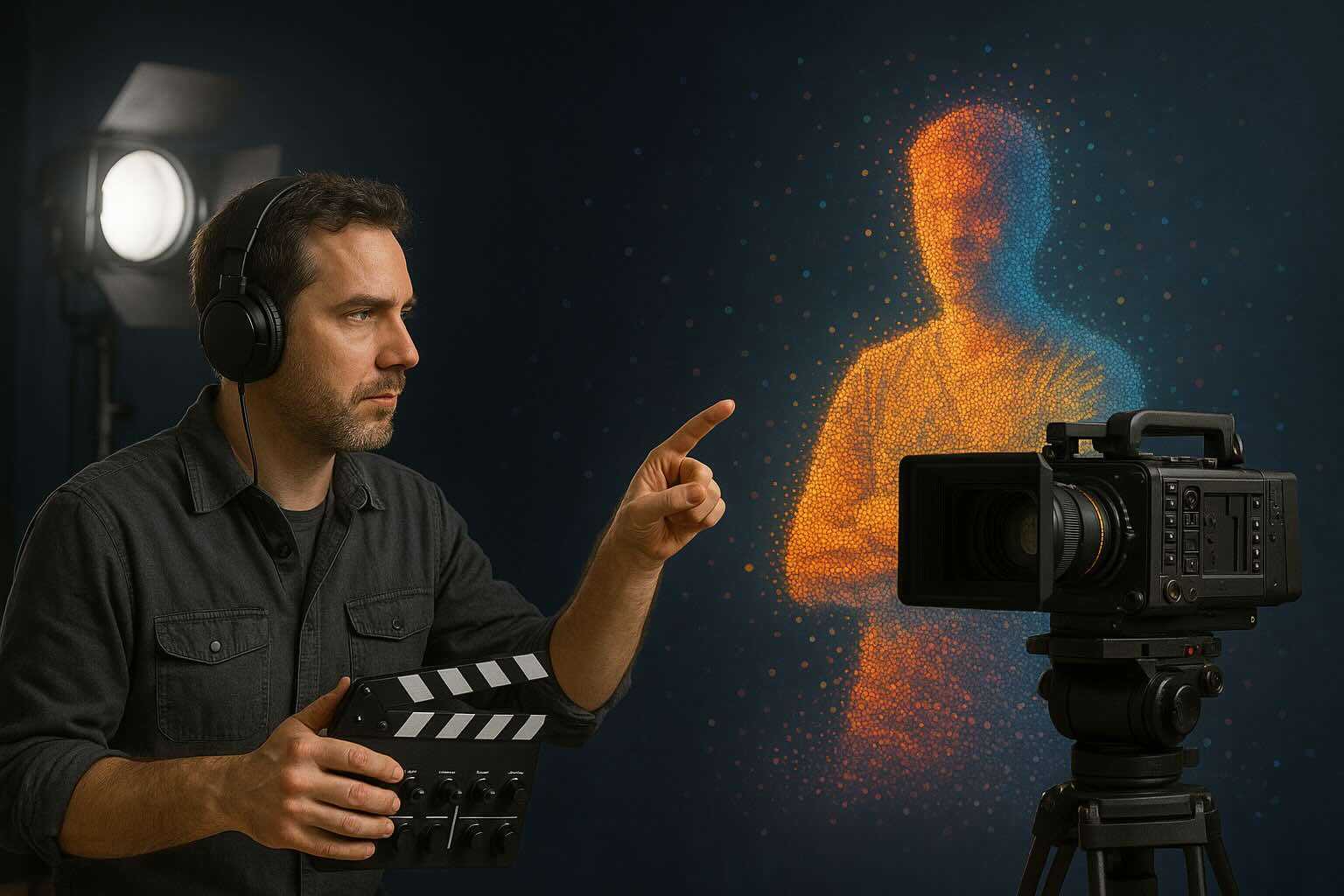 A film professional with a particle cloud of a person behind him