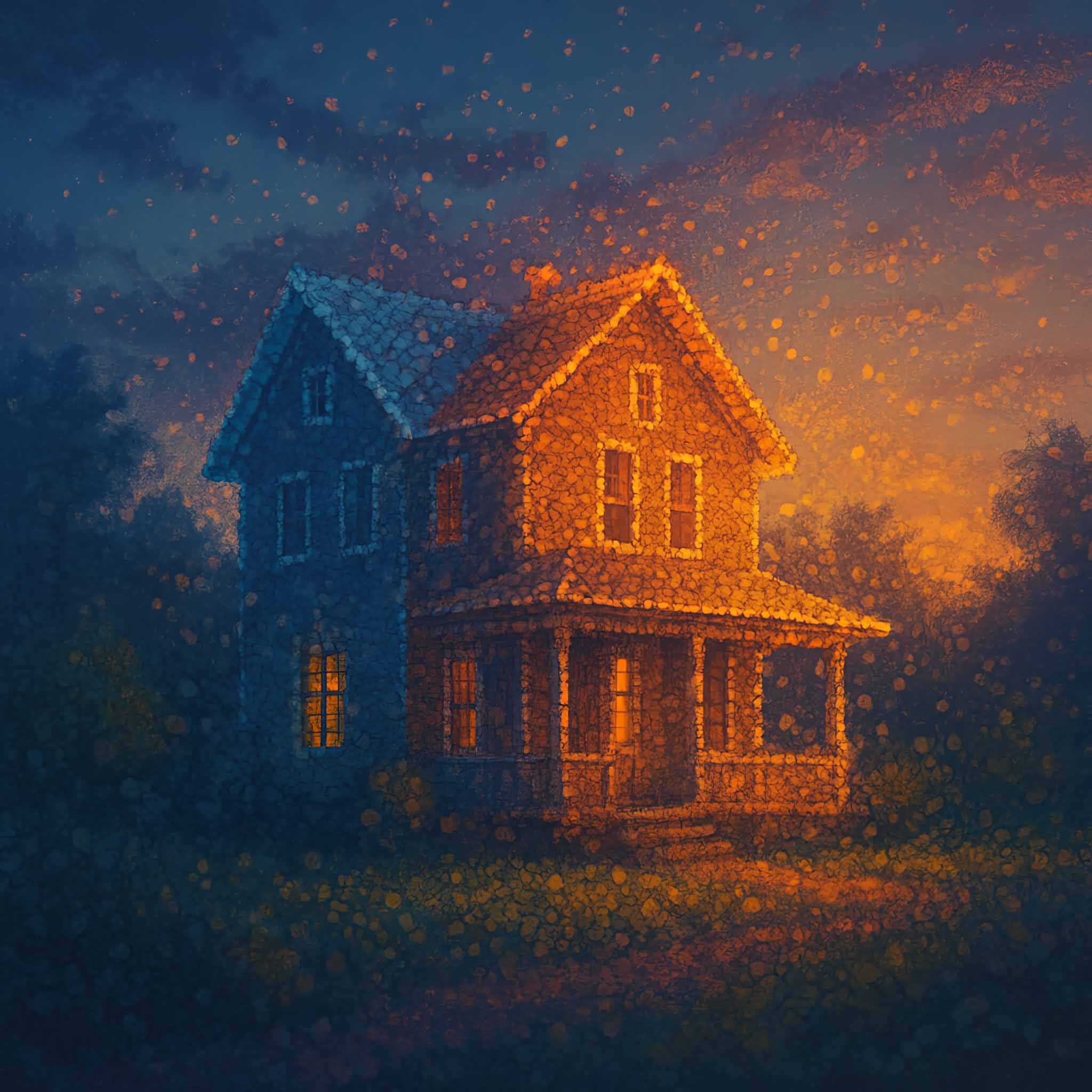 A colorful stylized point cloud of a home